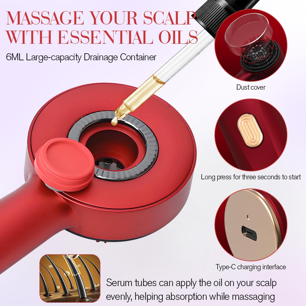 Cepillo de Masaje para Cuero Cabelludo, 3 en 1 Cepillo de Masaje Capilar, Peine Masajeador Capilar con Luz Roja y Aplicador de Aceite 6ml para Crecimiento de Cabello