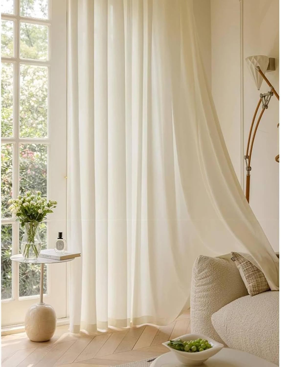 Semi Transparent Curtains for Living Room 2 Panels Set 54 inch Long, Polyester Voile Sheer Window Curtain Eyelets Solid Color Window Treatment for Bedroom Cream Yellow, 42 x 54 Inch