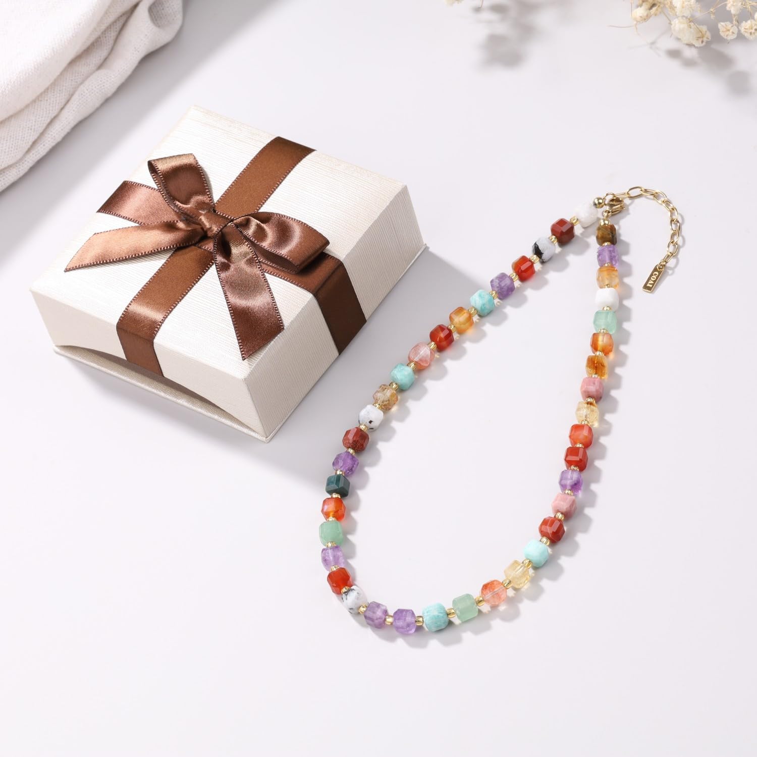 COAI Collana da Donna con Pietre Chakra, Collana di Perline Colorate Quadrate di Cristalli Naturali