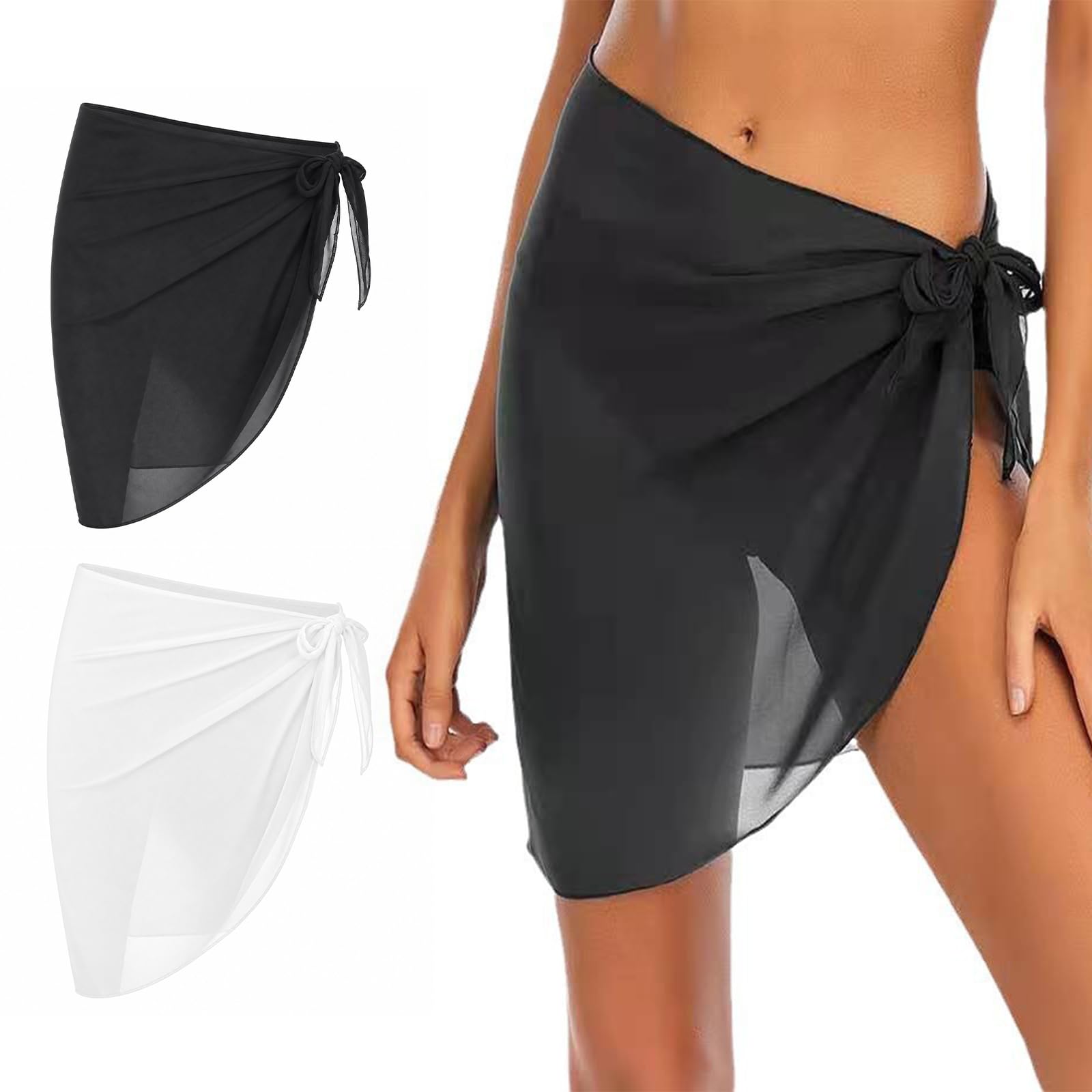 Zirax 2 Pack Women Beach Sarong Wrap Skirts Chiffon Swimsuit Cover Up Short Sarongs for Swimwear Black and White