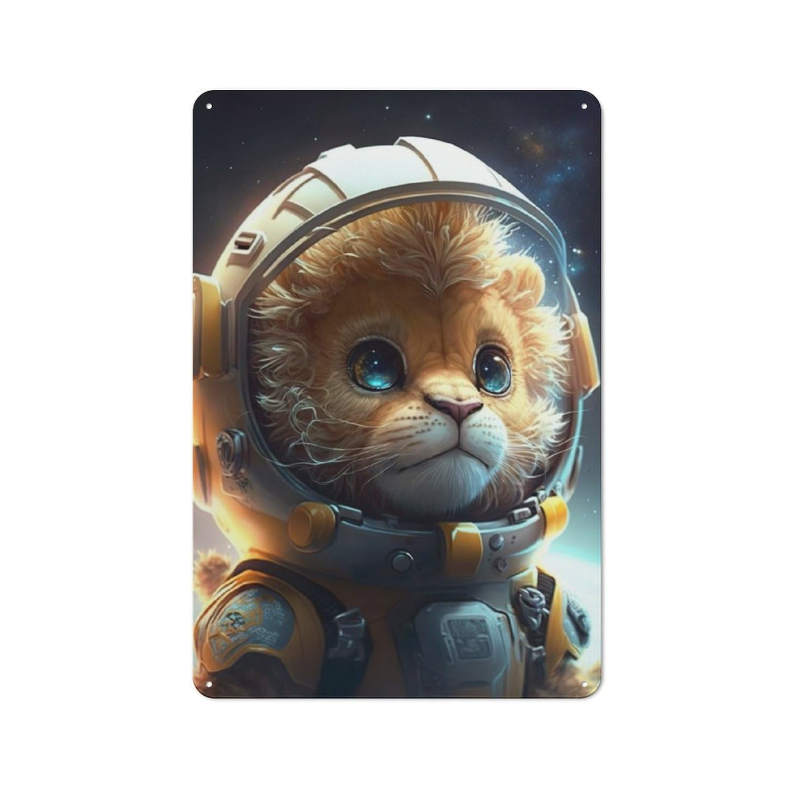 Rustic Tin Wall Sign 30x20cm Featuring Astronaut Space Lion, Bistro Wall Plaque for Restaurant, Kitchen, Counter Or Breakfast Nook