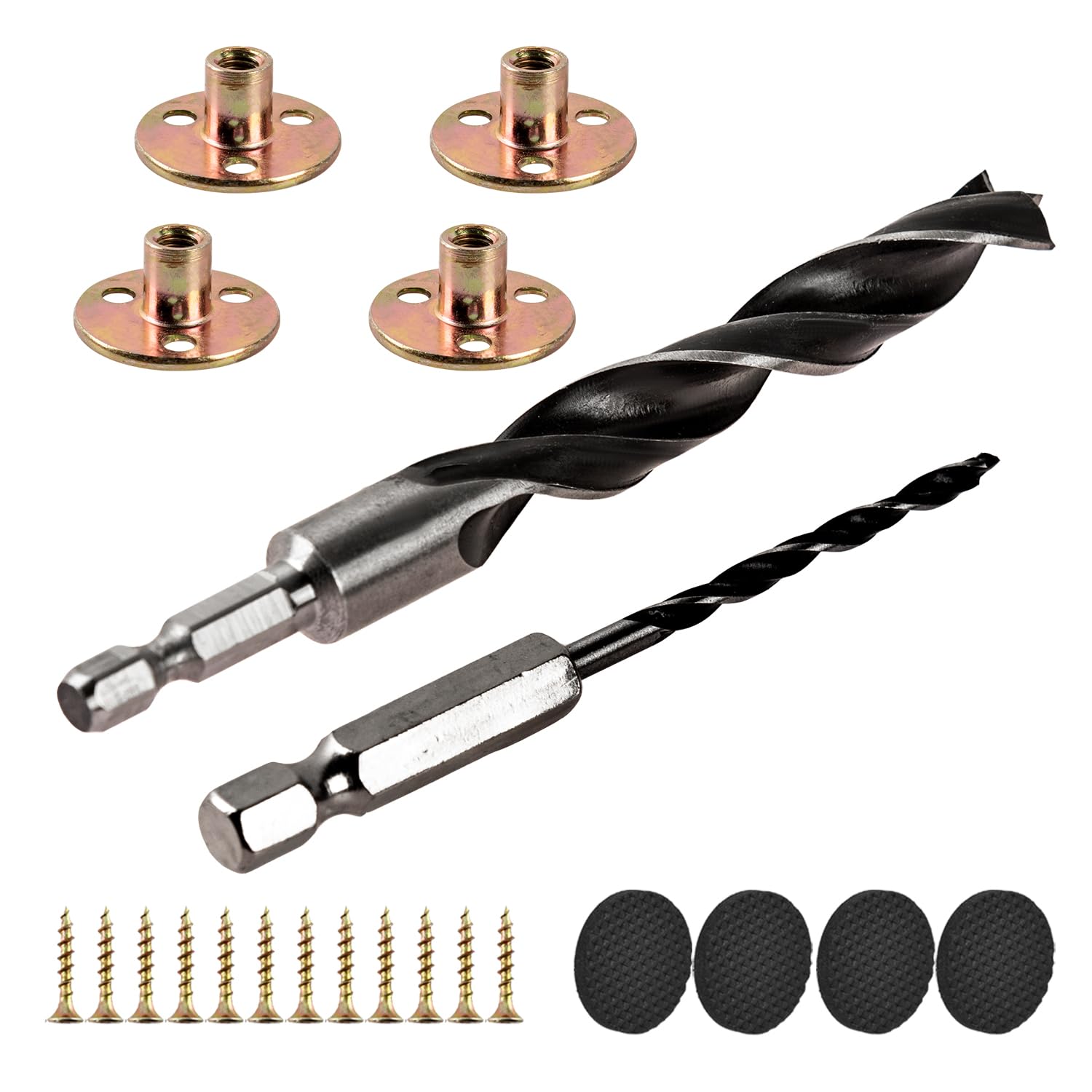 TCHOSUZ Furniture Leg Mounting Kit Replacement Parts - 2 Drills Bits (12mm, 3mm), T Nuts Plate M8 Bolts, Rubber Pads, Hardware for Furniture Repairing Fixing Home DIY Project โ image 1