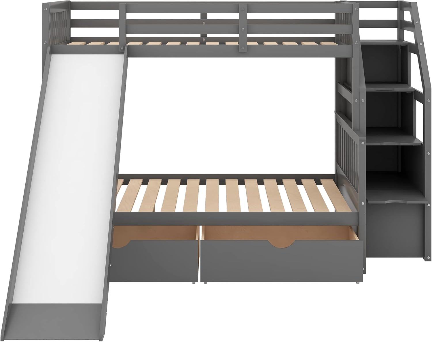 SOFTSEA Twin Over Full Bunk Bed with Storage Drawers Solid Wood Bunk Bed with Stairs and Safety Guardrail