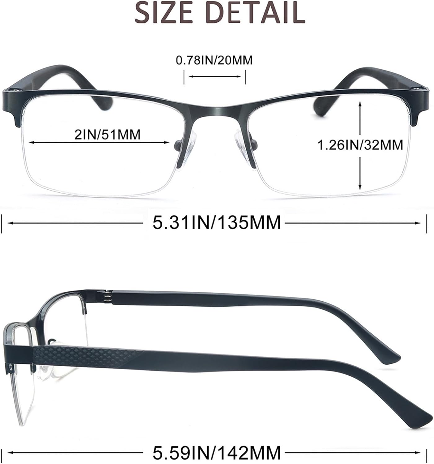 Blue Light Blocking Reading Glasses for Men Lightweight Metal Readers Rectangle Cheater Glasses w/Spring Hinge 3 Pack - Image 3