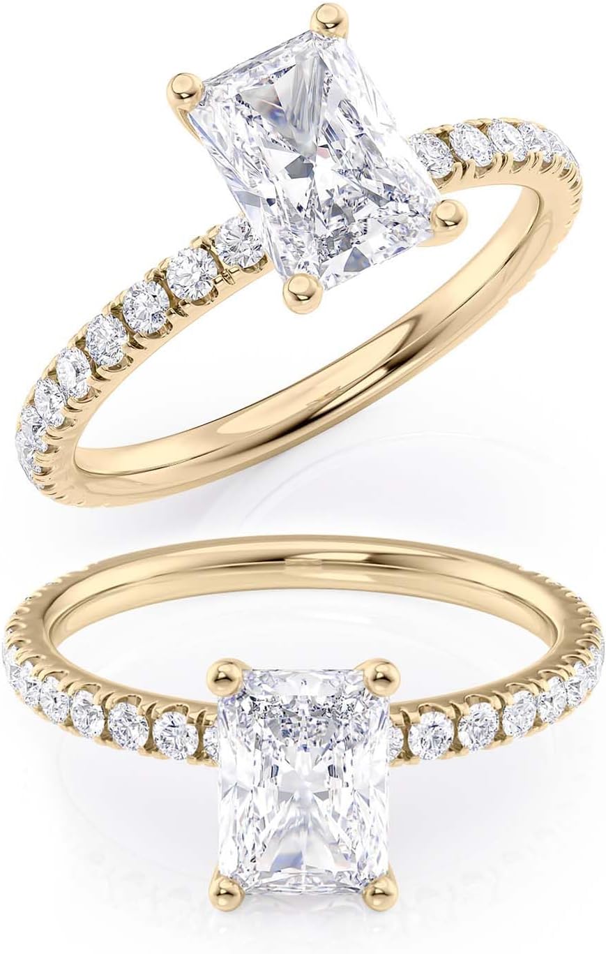 2 to 6 Carat Radiant Cut Moissanite Engagement Ring w 1/4 Carat Natural Diamond - 14K Gold (G-H/VS, SI, cttw, DEW) Promise Anniversary Ring for Women Size 4 to 11 Made in USA