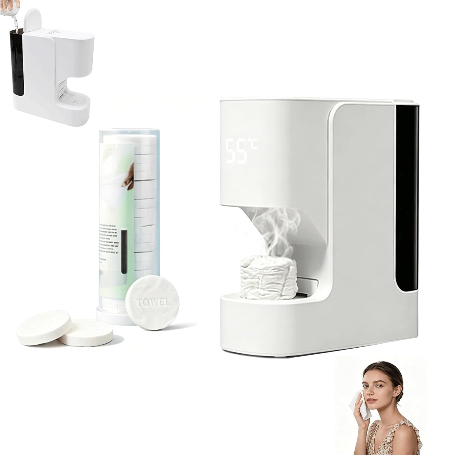 Smart Hot Face Towel Warmer and Dispenser with Voice Prompts, 5-Second Instant Heating 55°C Constant Temperature Facial Steamer Machine for Home Spa Skincare (Towel Machine+60PCS Towels)