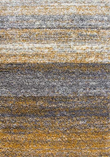 Luxury Thick Stripe Ochre Yellow Grey Shaggy Living Room Area Rug...