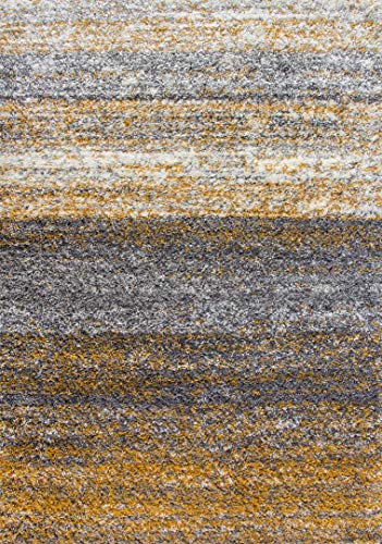 Luxury Thick Stripe Ochre Yellow Grey Shaggy Living Room Area Rug Hygge Super Soft Lounge Bedroom Hall Rugs 120cm x 170cm