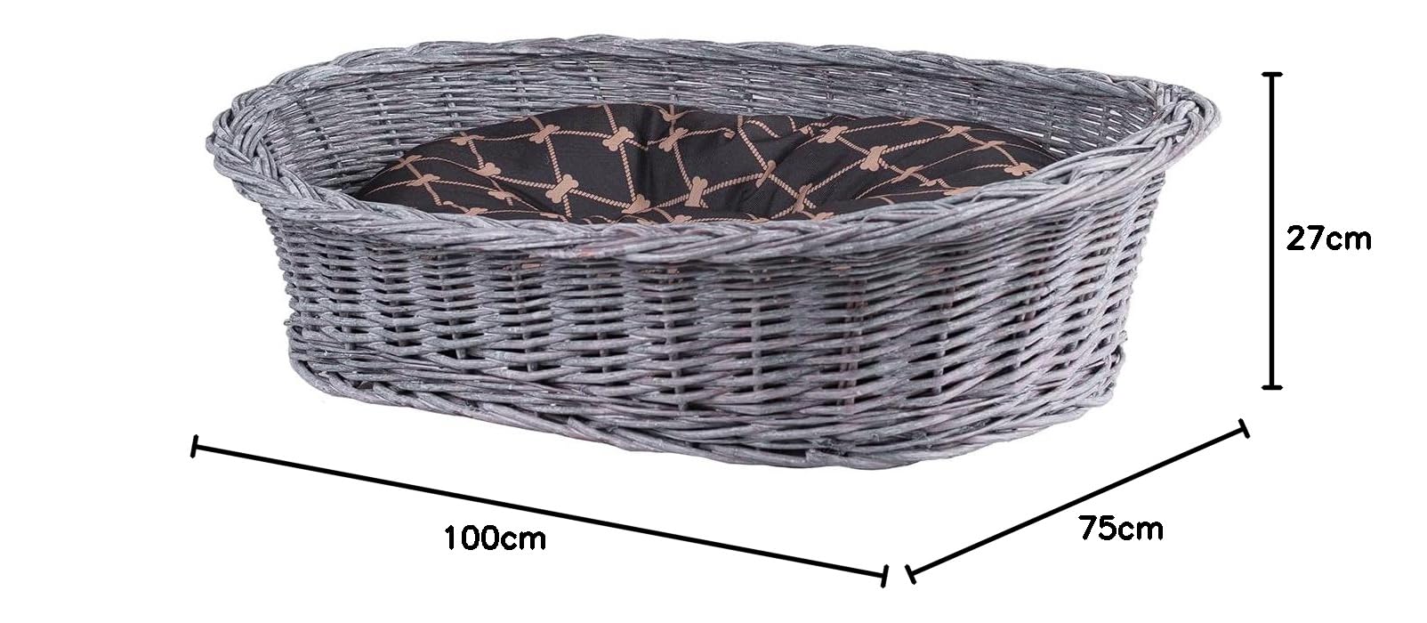 Hundekorb aus Weide für Hund und Katze Hundebett Katzenbett mit Kissen Tierkorb geflochten Katzenkorb (Grau_Schwarz1, 100x75 H27)