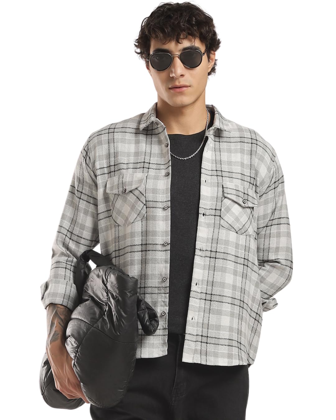 Clova Culture Men's Grey Check Casual Flannel Shirt (in, Alpha, M