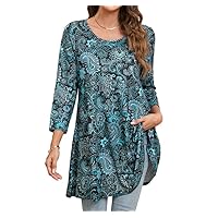 Enmain Tunique Femme Longue Elegant Tunique À Manches Longues Grande Taille Casual T Shirt Col Rond Manche 3/4 Blouses Noir et Sarcelle