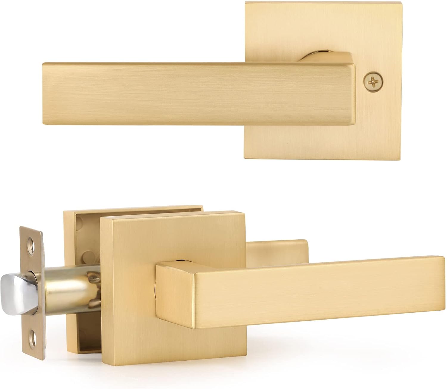 10 Pack Brass Interior Door Handles, Passage Function, Heavy Duty Hall and Closet Door Knobs, Satin Brass Closet Door Handles for Left or Right Handing