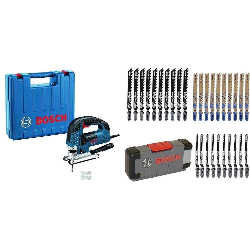 Bosch Professional: wyrzynarka GST 150 BCE (780 W, prędkość skokowa bez obciążenia: 500 – 3 100 min–1, walizka) & Bosch Accessories Toughbox Basic Brzeszczot, Szary, 30 Elementów