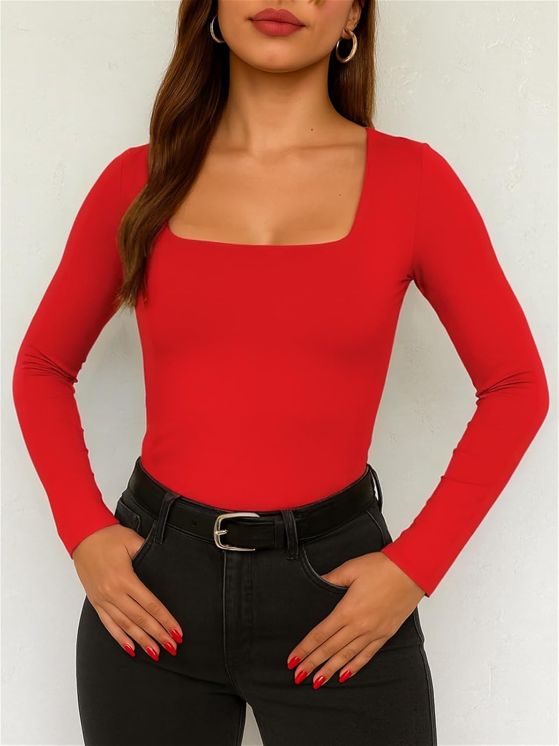ForeFair Women Square Neck Long Sleeve Going Out Tops Tight Double Lined Basic Tees Shirt - Image 7