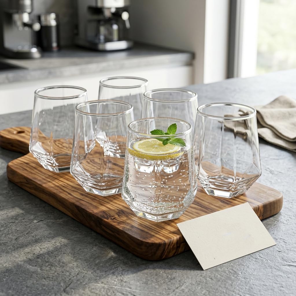 Deconox 6'lı Geometrik Cam Su ve Meşrubat Bardağı Seti - Modern Kesim Kahve Yanı Bardağı (340 ml)