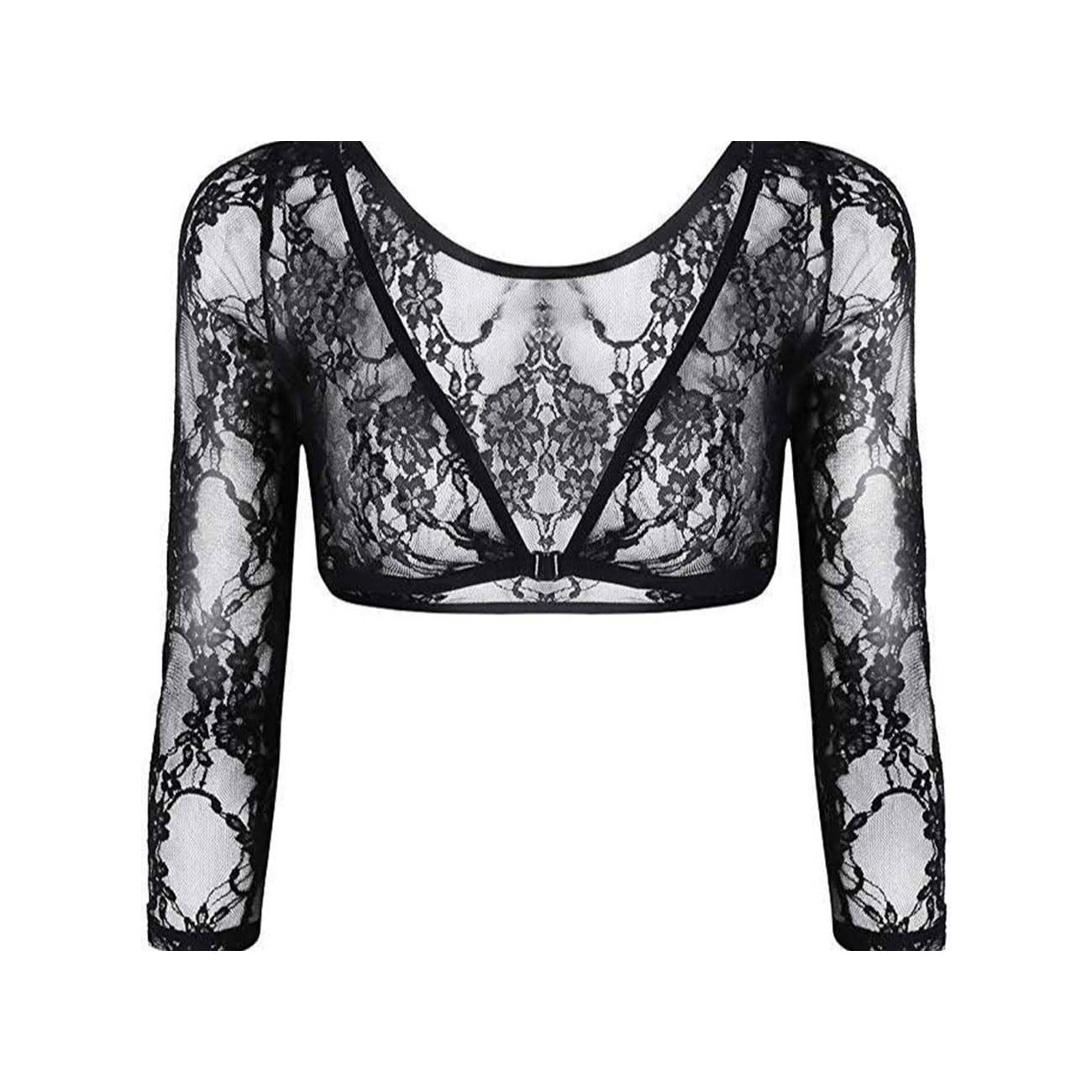 Femmes Dentelle Boléro, Gilet Court Ouvert à Col en V sur Le Devant, Léger Boléro en Maille, Transparente Top avec Fermeture à Crochet, Boléro Floral Sortir Fête pour Robe, Noir, S-XL