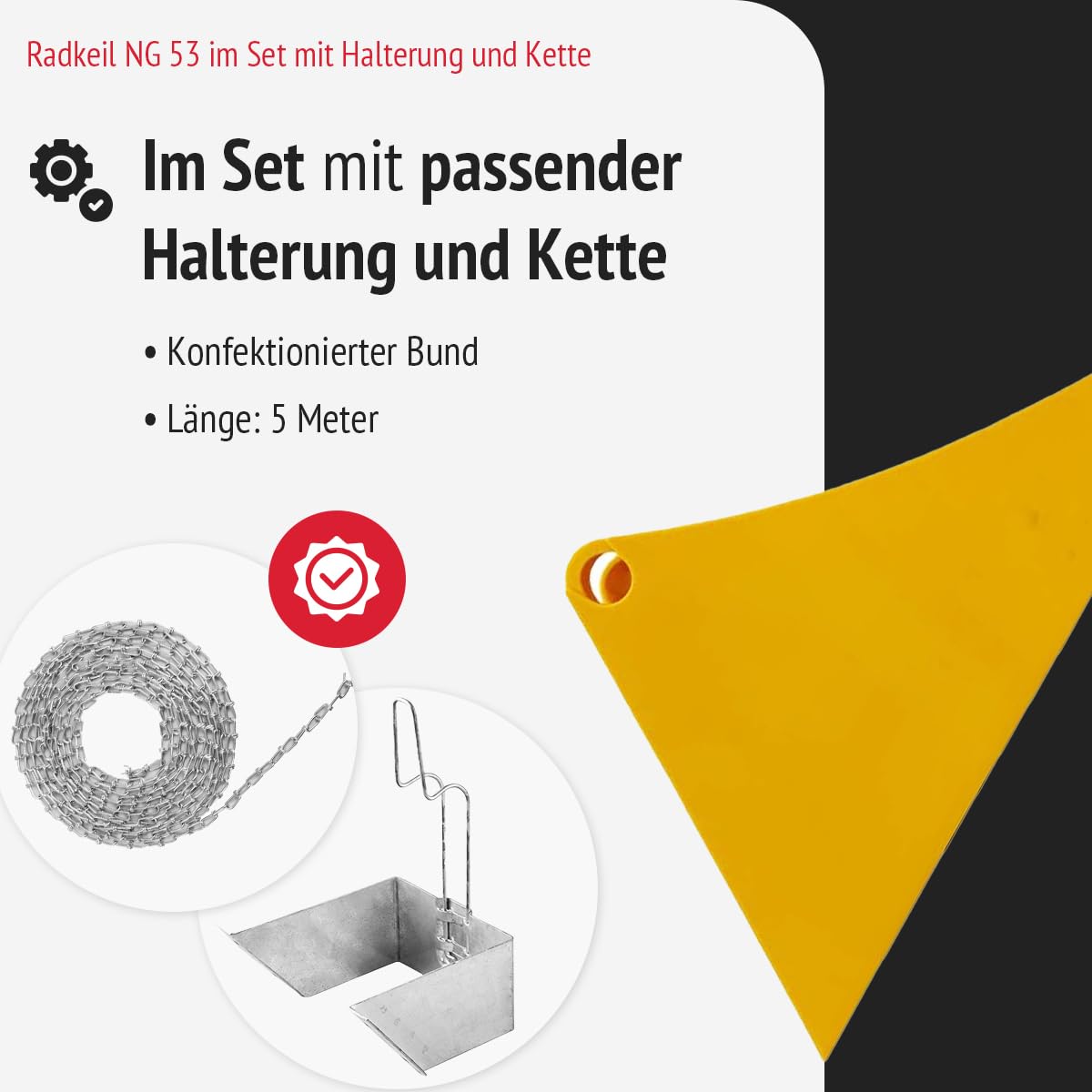 Radkeil LKW Hemmschuh Unterlegkeil mit Halterung und Kette NG 53 Kunststoff gelb