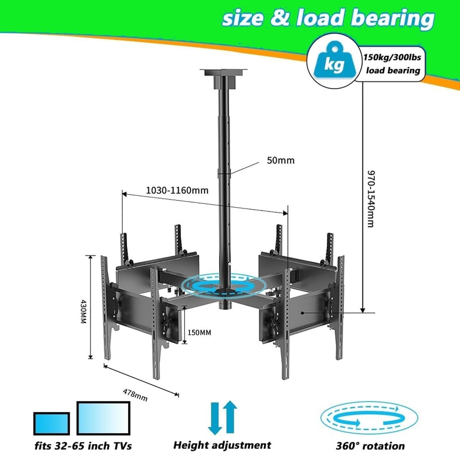 Soporte De Techo para TV - Soporte De Techo De 4 Lados para TV, Soporte De Techo para TV con Inclinación Y Giro Ajustables, Marco Giratorio De 360 Grados para Televisores LCD