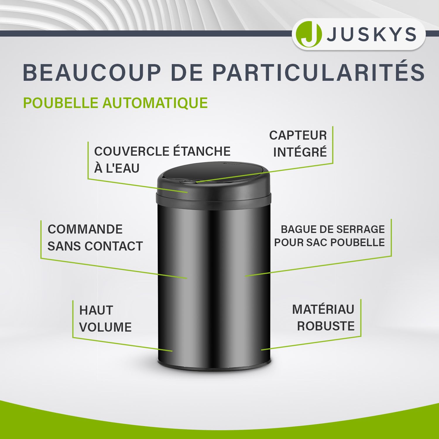 Juskys poubelle automatique avec capteur de 30 L - poubelle électrique, détecteur de mouvement, couvercle automatique, étanche, bague de serrage, cuisine - noir