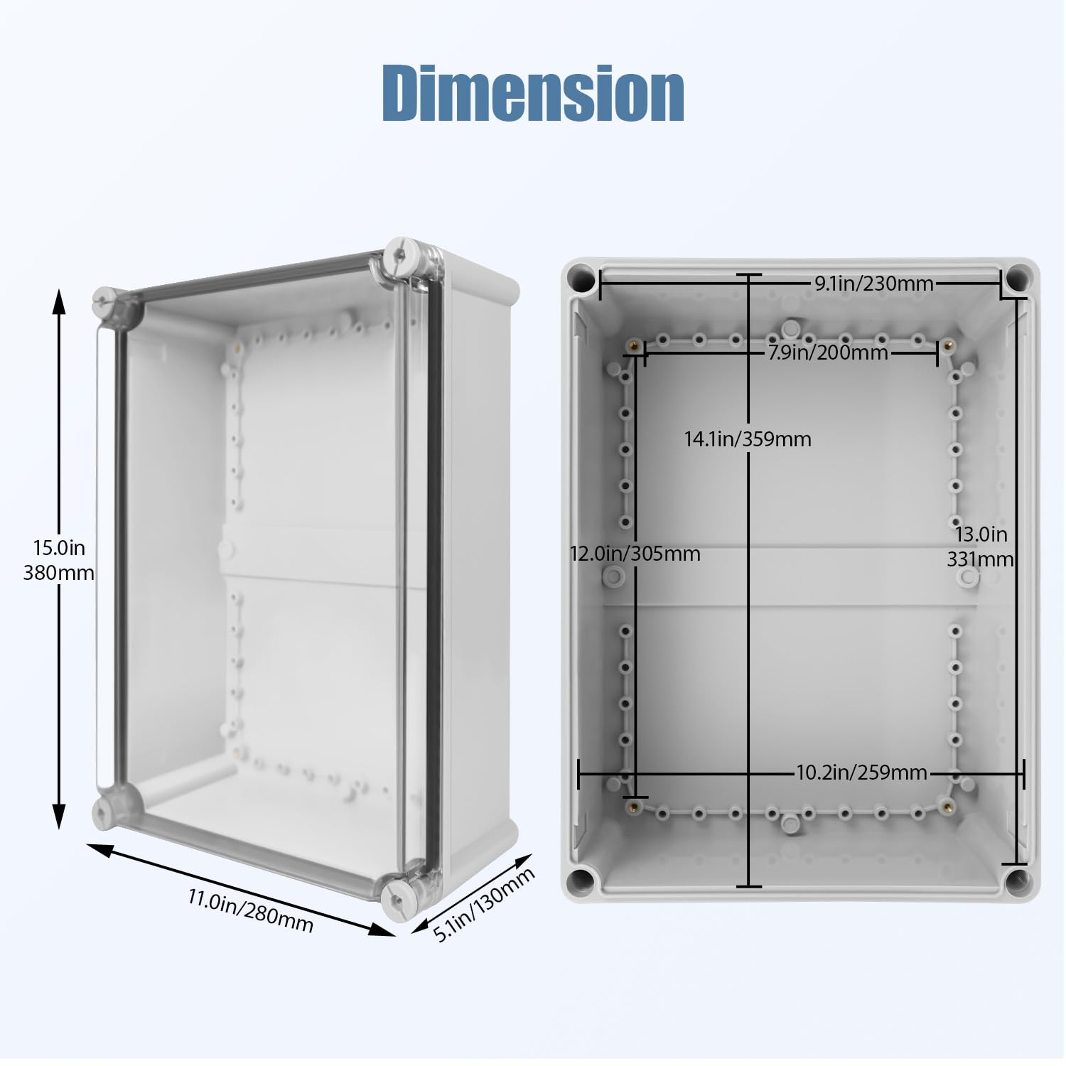 LeMotech Junction Box IP67 Waterproof Dustproof Electrical Box Project Box DIY Enclosure Gray with Transparent Clear Cover, External Size 15x11x5.1in (380x280x130mm)
