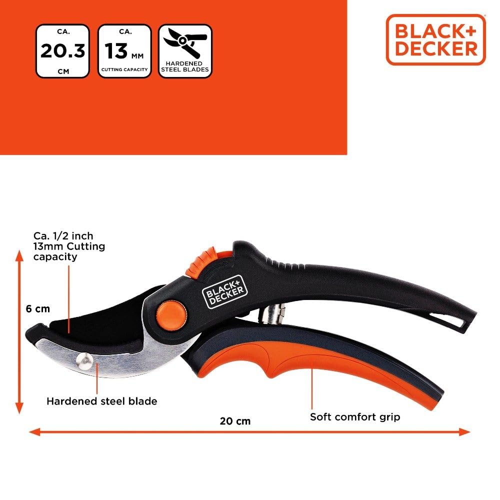 Black+Decker Nożyce ogrodowe – wydajność cięcia 14 Ø – ostrze ze stali hartowanej – uchwyt z miękkim uchwytem – 20 x 6 x 1,6 cm – nożyce do kwiatów – nożyce ogrodowe – nożyce do żywopłotu