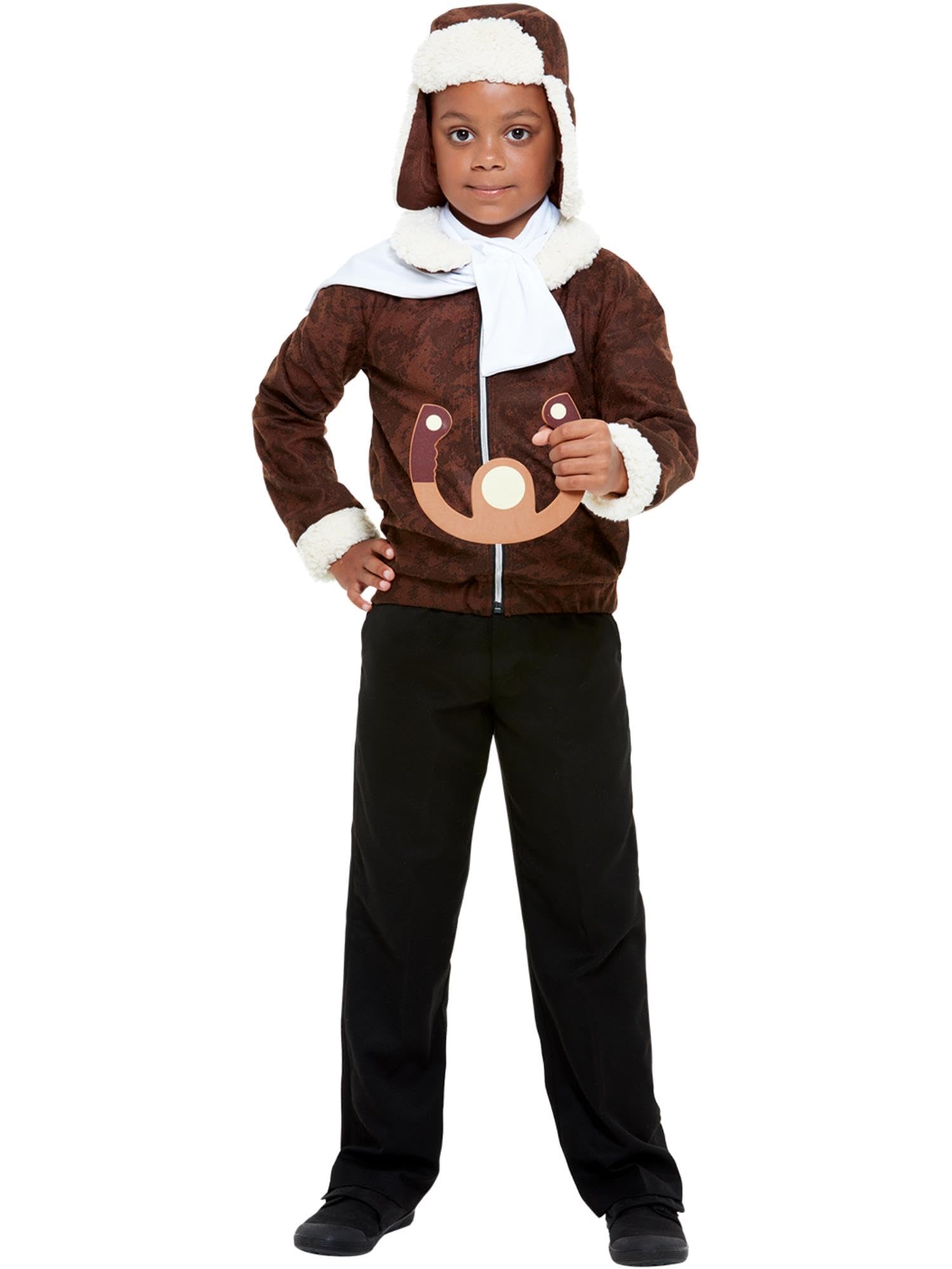 Smiffys WW1 Pilot Costume, Brown with Jacket, Hat, Scarf & EVA Steering Wheel, Boys Fancy Dress, Pilot Dress Up Costumes