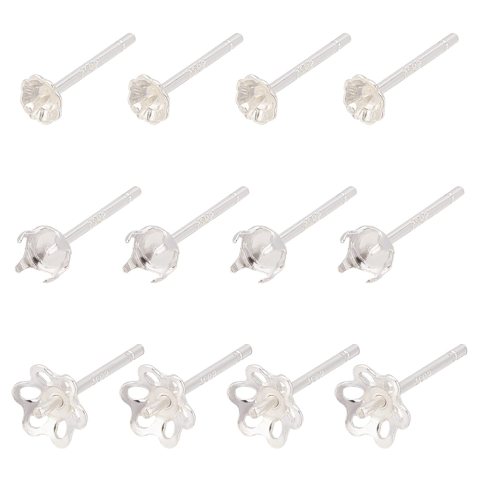 SUPERFINDINGS 9Pairs 3 Styles 925 Sterling Silver Post Stud Earring Findings Prong Earring Settings with 3.3mm Tray Round Claw Ear Pin Holder for Half Drilled Beads DIY Stud Earrings Making