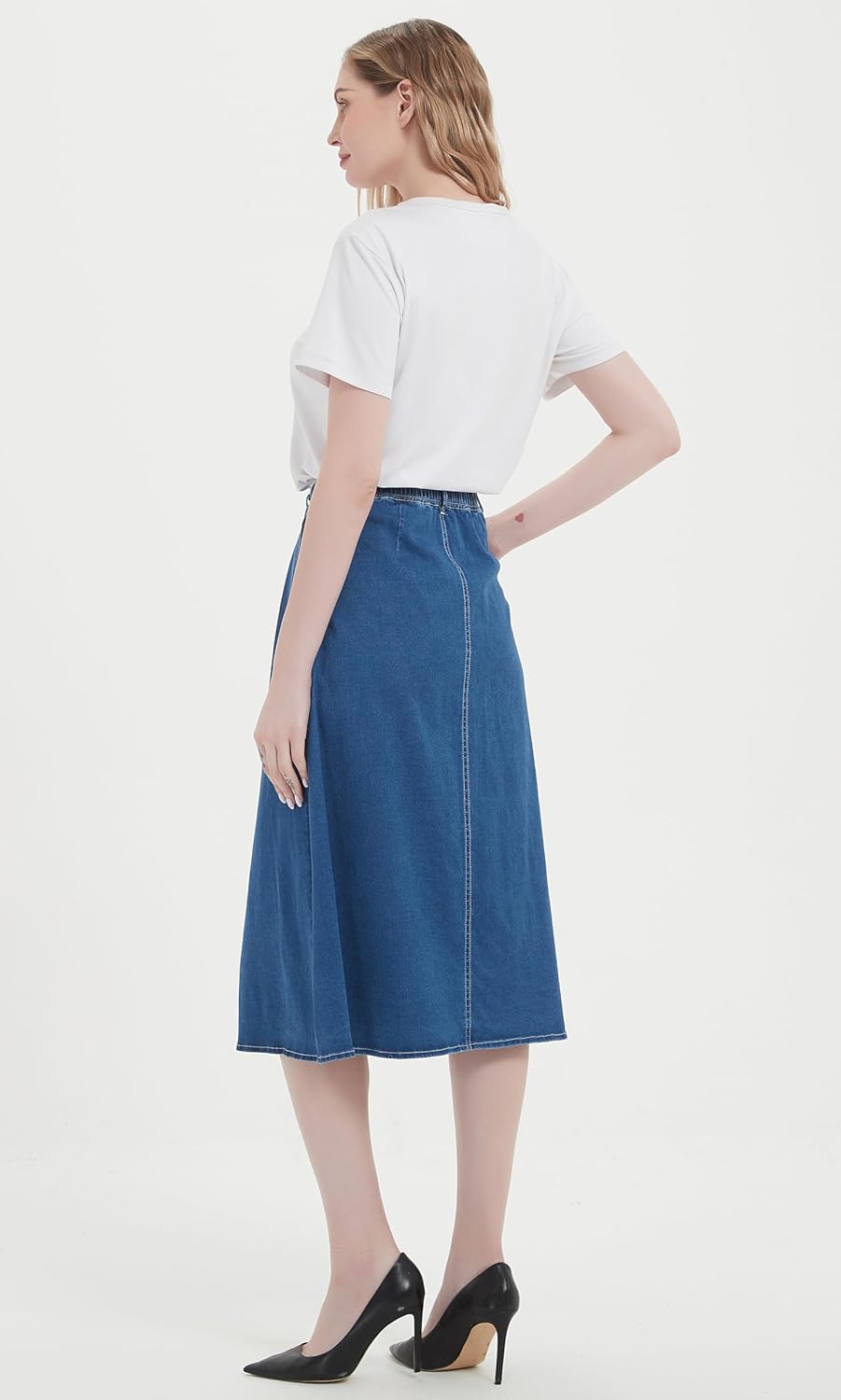 Tronjori Womens A Line Long Midi Denim Skirt with Button Front