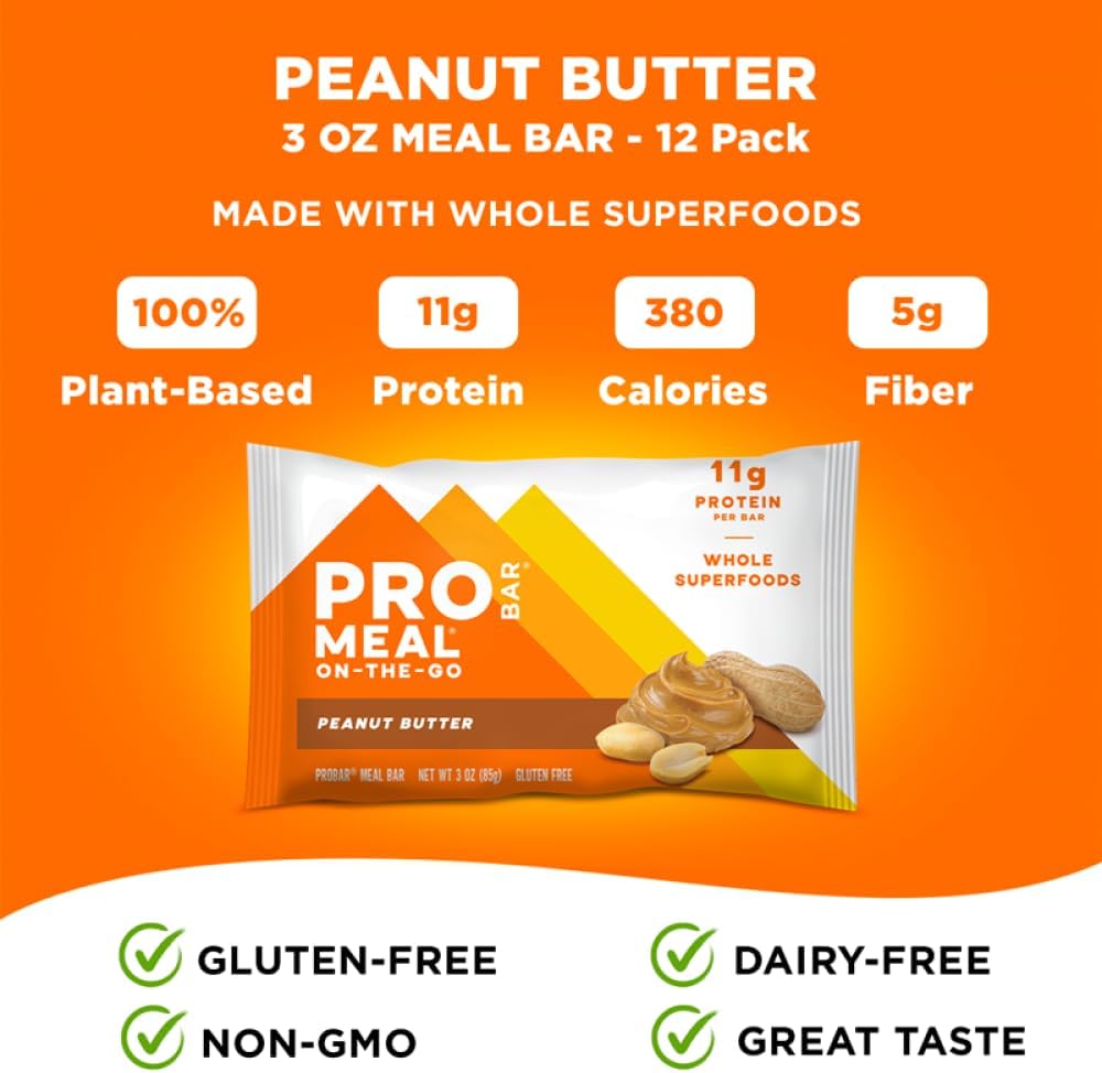 PROBAR - MEAL Bar, Peanut Butter, Non-GMO, Gluten-Free, Healthy, Plant-Based, Whole-Food Ingredients, Natural Energy (12 Count)