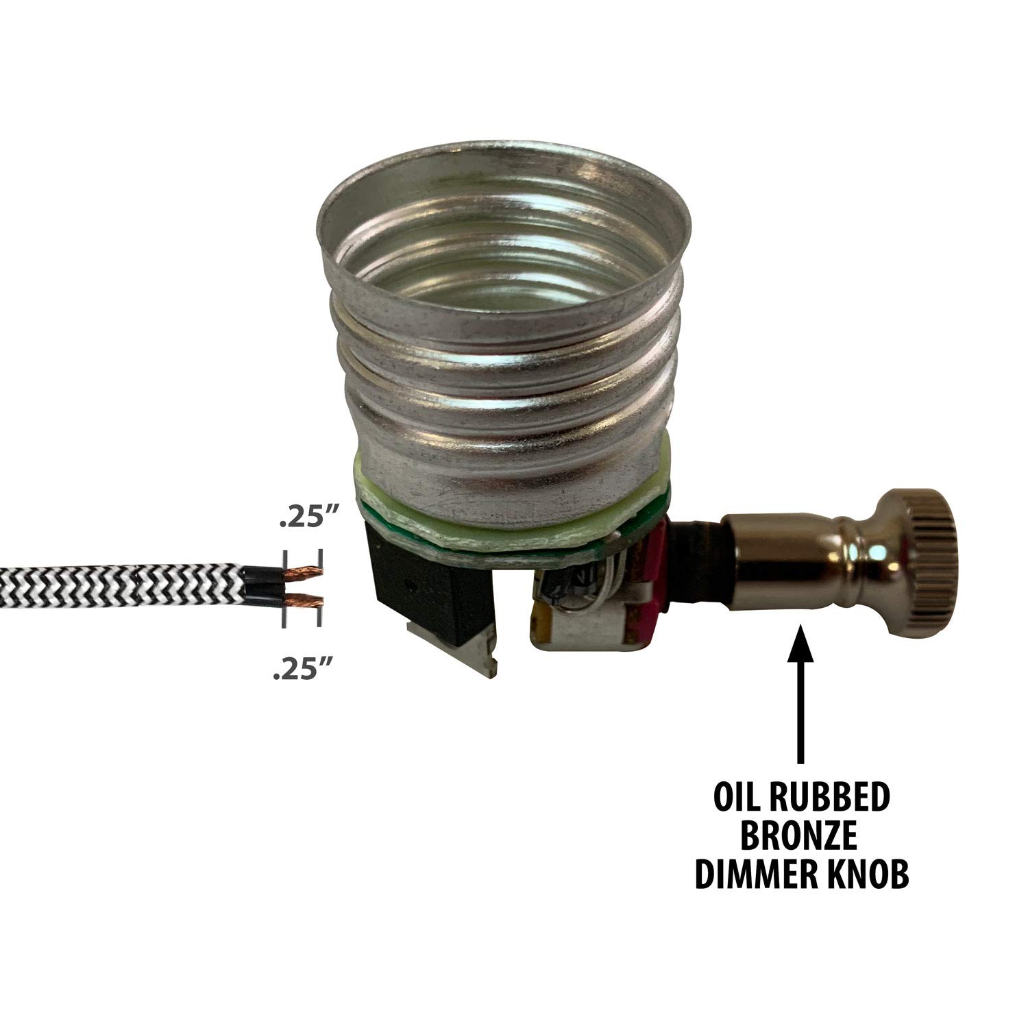 Royal Designs, Inc. Vintage Turn Knob Dimmer Lamp Socket for Incandescent LED Bulbs, Antique Brass, Set of 2