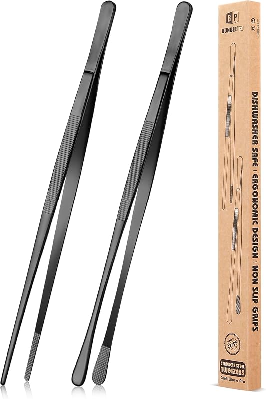 BUNDLEPRO 2 db 30,5 cm-es Konyhai Csipesz - Rozsdamentes Acél Profi Hosszú Fogó BBQ-hoz, Tálaláshoz - Fekete