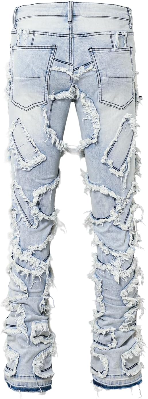 Men's Hip Hop Denim Ripped Dilapidated Mid Rise Stretch Straight Leg Jeans with Pockets - Image 2