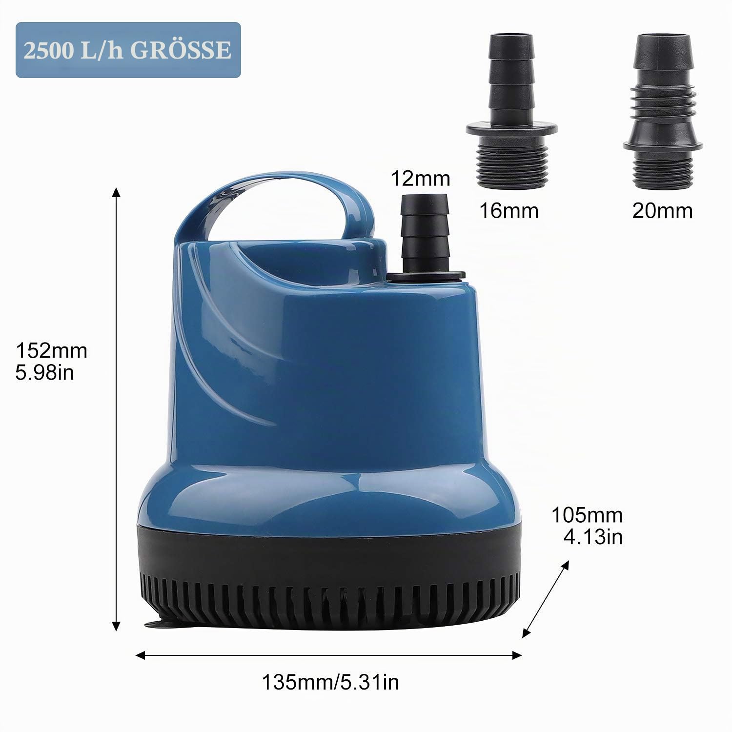 EXLECO Mini Wasserpumpe Tauchpumpe Aquariumpumpe 2500L/H 40W 230V Förderhöhe 2,3m Kabel mit Stecker 2,5m Auslassdurchmesser 12/16/20 mm für Gärten Aquarium, Teich, Brunnen