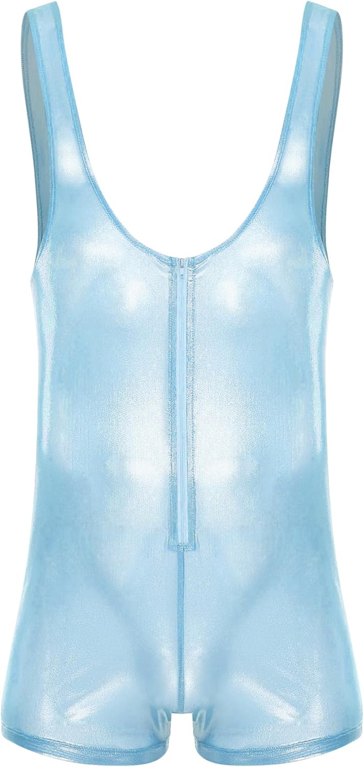 FEESHOW Men's Shimmering See Through Bodysuit Front Zipper One Piece Shorts Jumpsuit for Parties
