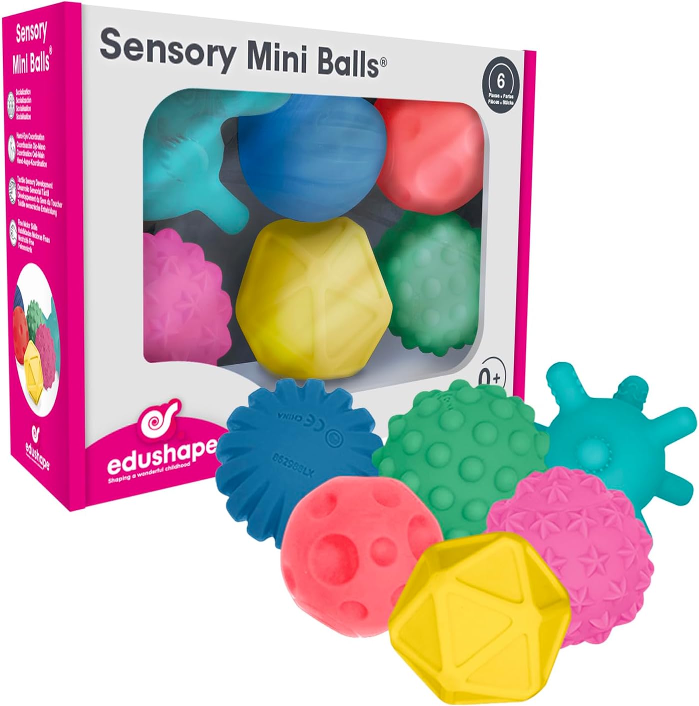 Edushape Sensory Mini Balls for Baby - Pack of 6 Solid Color Baby Balls That Help Enhance Gross Motor Skills for Kids Aged 6 Months and Up - Vibrant Colorful and Unique Toddler Ball for Baby