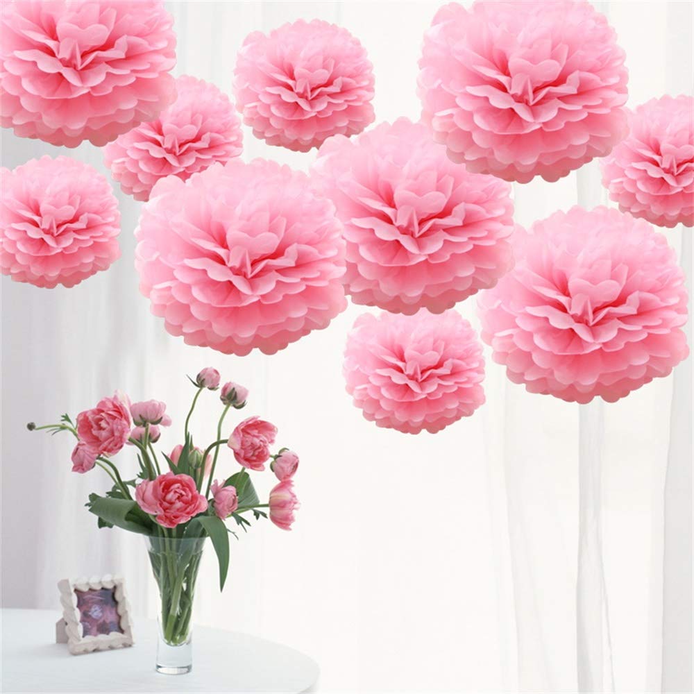 Time to Sparkle 10 Pack Mixed Tissue Paper Pompoms Pom Poms Flower Wedding Party Decoration (Pink, 10pcs Medium(6"+8"+10"))