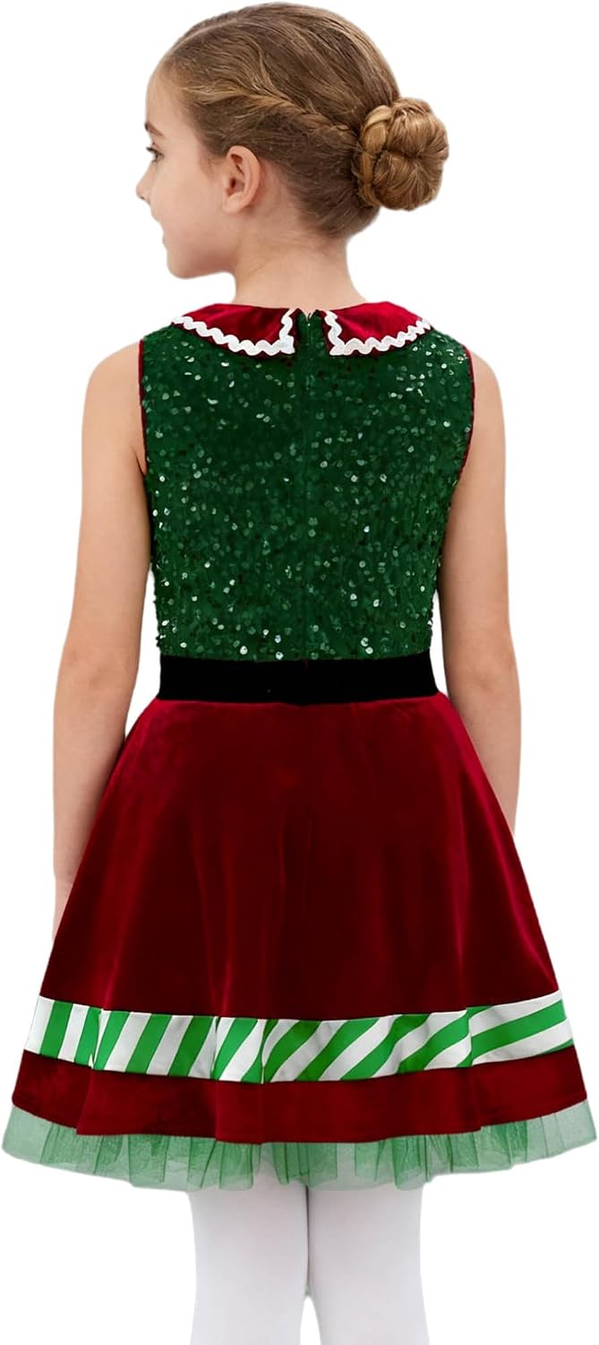 Alvivi Kids Girls Christmas Dance Dress Sequins Candy Cane Striped Sleeveless Tutu Dress Santa Elf Costume