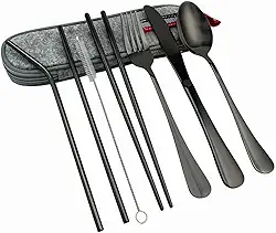Kit de Talheres em Aço Inox com Estojo Impermeável, Reutilizável, para Casa, Trabalho e Viagem (Preto)