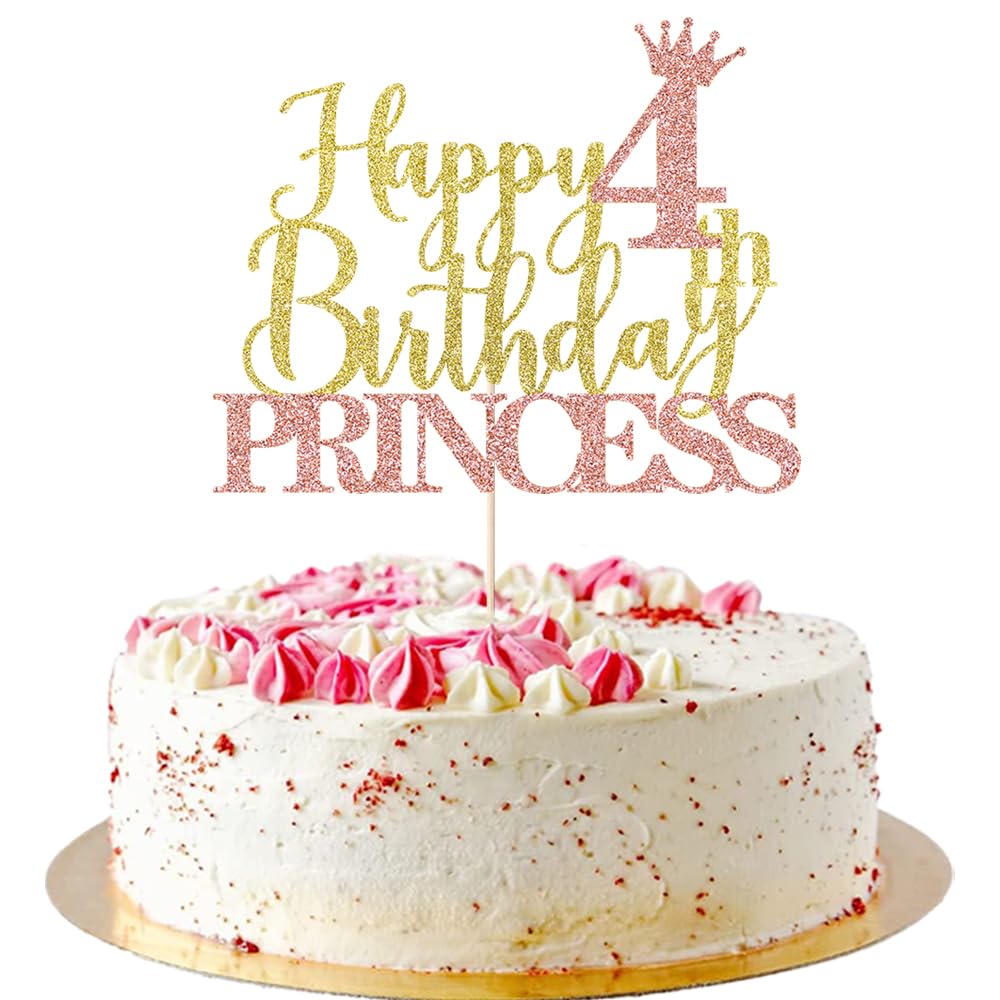 AROKIPPRY Princess 4th Birthday Cake Topper - Crown Girl baby shower, Gender reveal,girls 4th birthday party decoration supplies Pink & Gold Glitter
