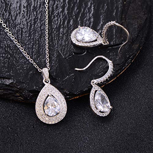 Mycitta CZ Necklace Earrings Set for Wedding Formal Simple Jewelry Set for Women18k White Plated Teardrop Cubic Zirconia Crystal Pendant Necklace Set for Bride Bridesmaids Mother of Bride Prom Party - Image 6