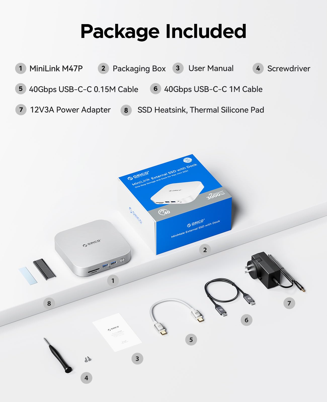 ORICO 40Gbps MiniLink Mac Mini M4 Dock & Stand con Dual NVMe SSD, estación de acoplamiento con puertos USB-A de 10 Gbps, lector de tarjetas SD/TF 4.0, concentrador USB-C compatible con Mac mini M4
