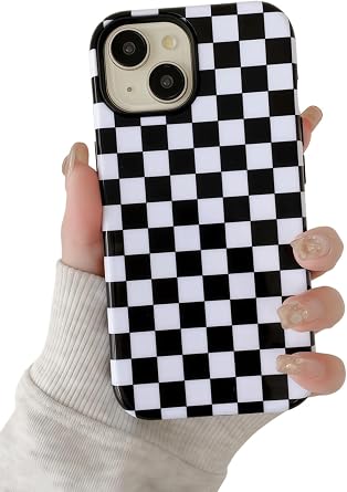 YUANLI for iPhone 15 Case Cute Checkered Checkerboard Lattice Gingham Phone Case Hard PC + Soft TPU Shockproof Protective Cover for Women Girls Black