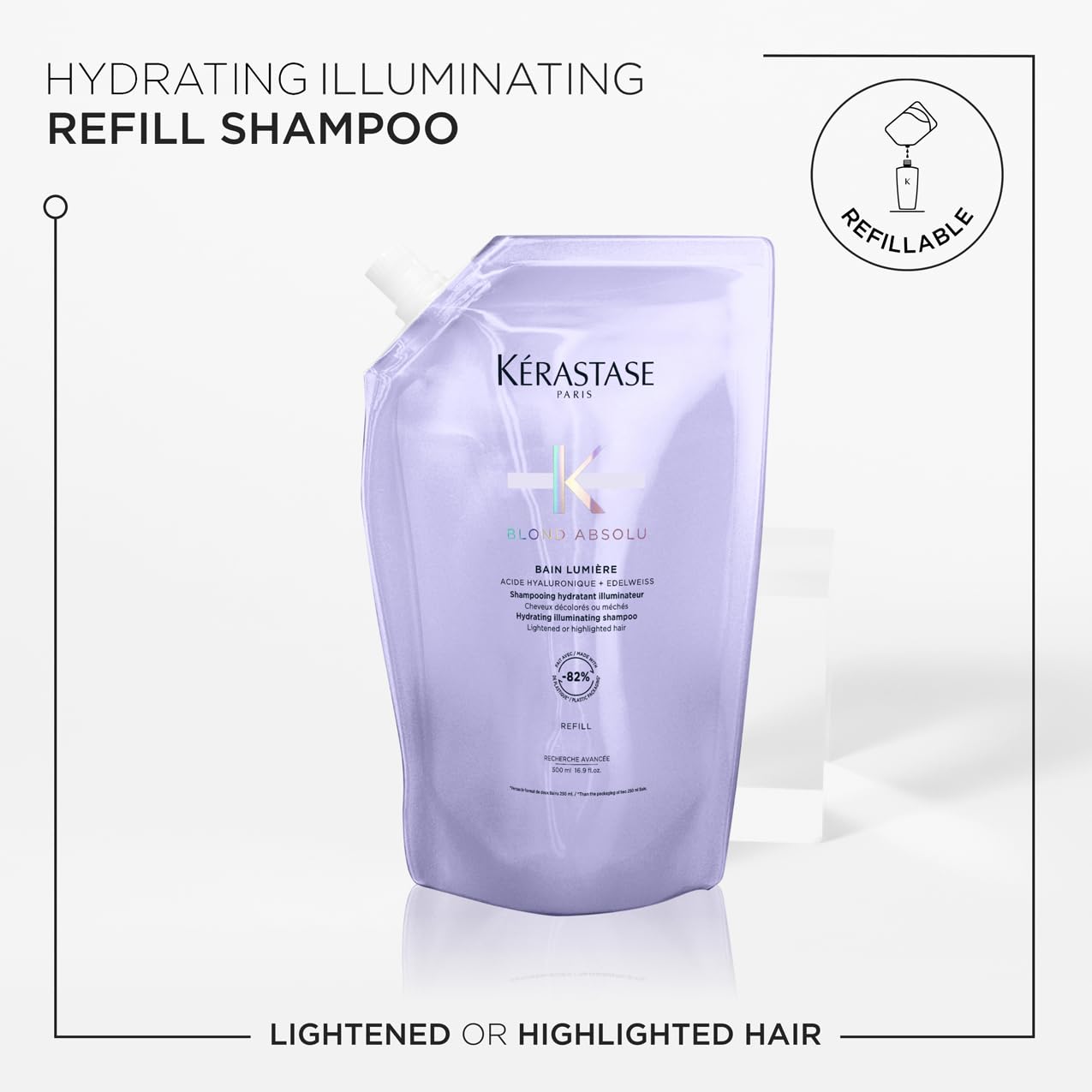 Krastase Blond Absolu, Hydrating Illuminating Shampoo, For Lightened, Highlighted and Grey Hair, With Hyaluronic Acid & Edelweiss Flower, Bain Lumiere, Refill Pouch 500ml - Image 2