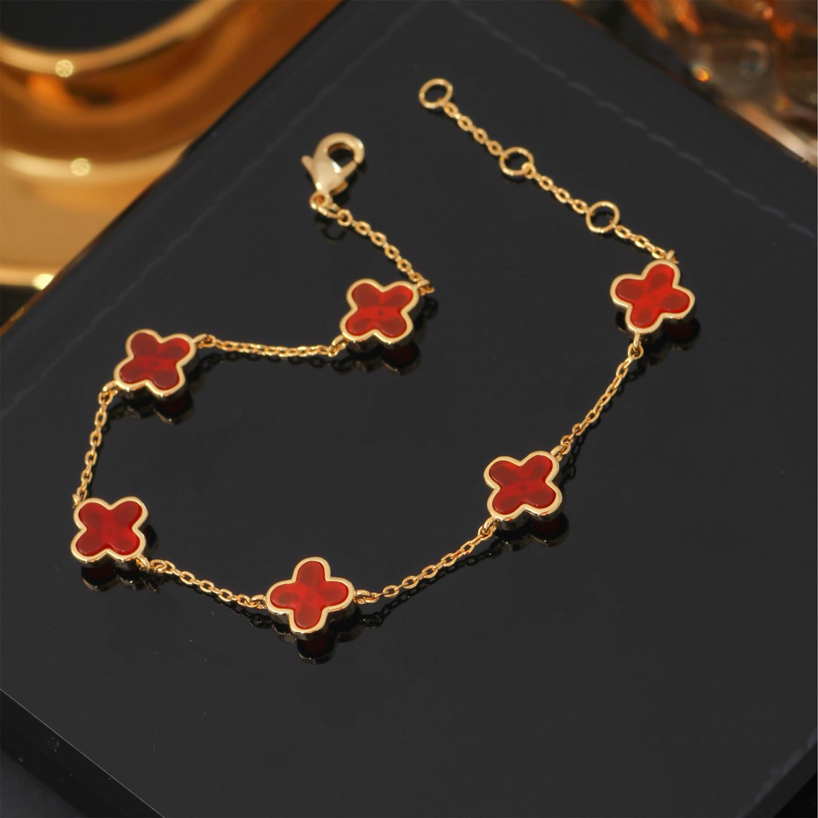 Bracciale a quadrifoglio, quadrifoglio, rosso, placcato in oro 18 carati, gioiello in acciaio inox, adatto come regalo per donne, parenti e amici