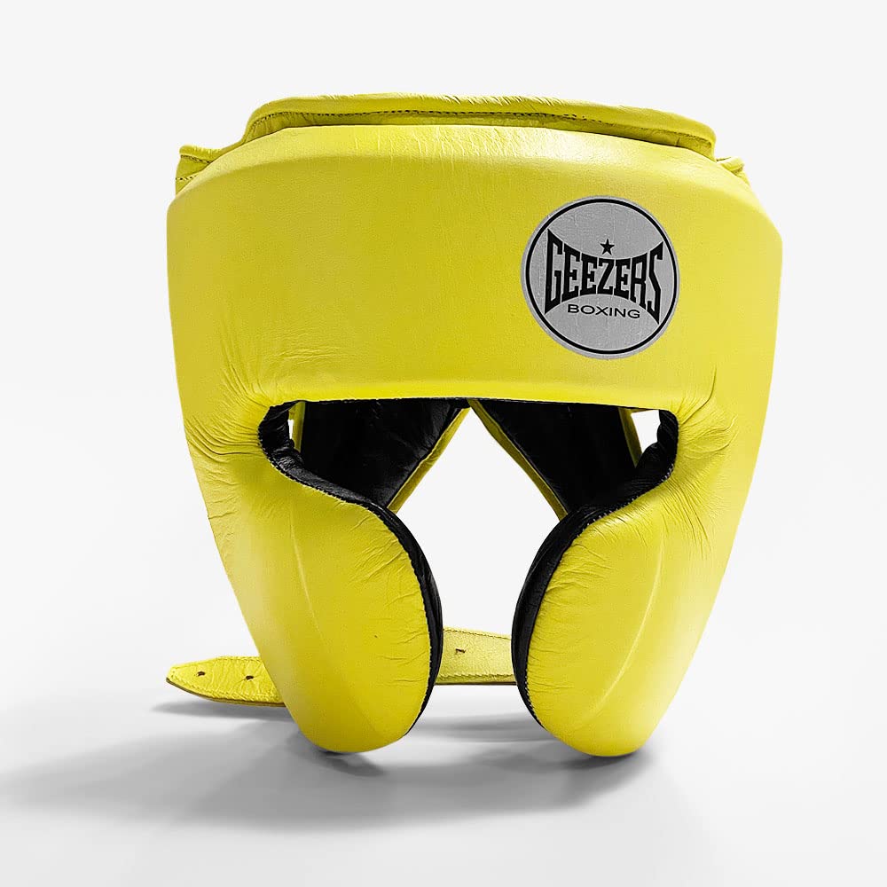 Geezers Boxing Elite Pro 2.0 Sparring Cheek head-guard, Ultra-durable Leather Material, layered padding protection Headguard for Boxing, MMA & Martial Arts, Men and women’s (Large, Pop Yellow)