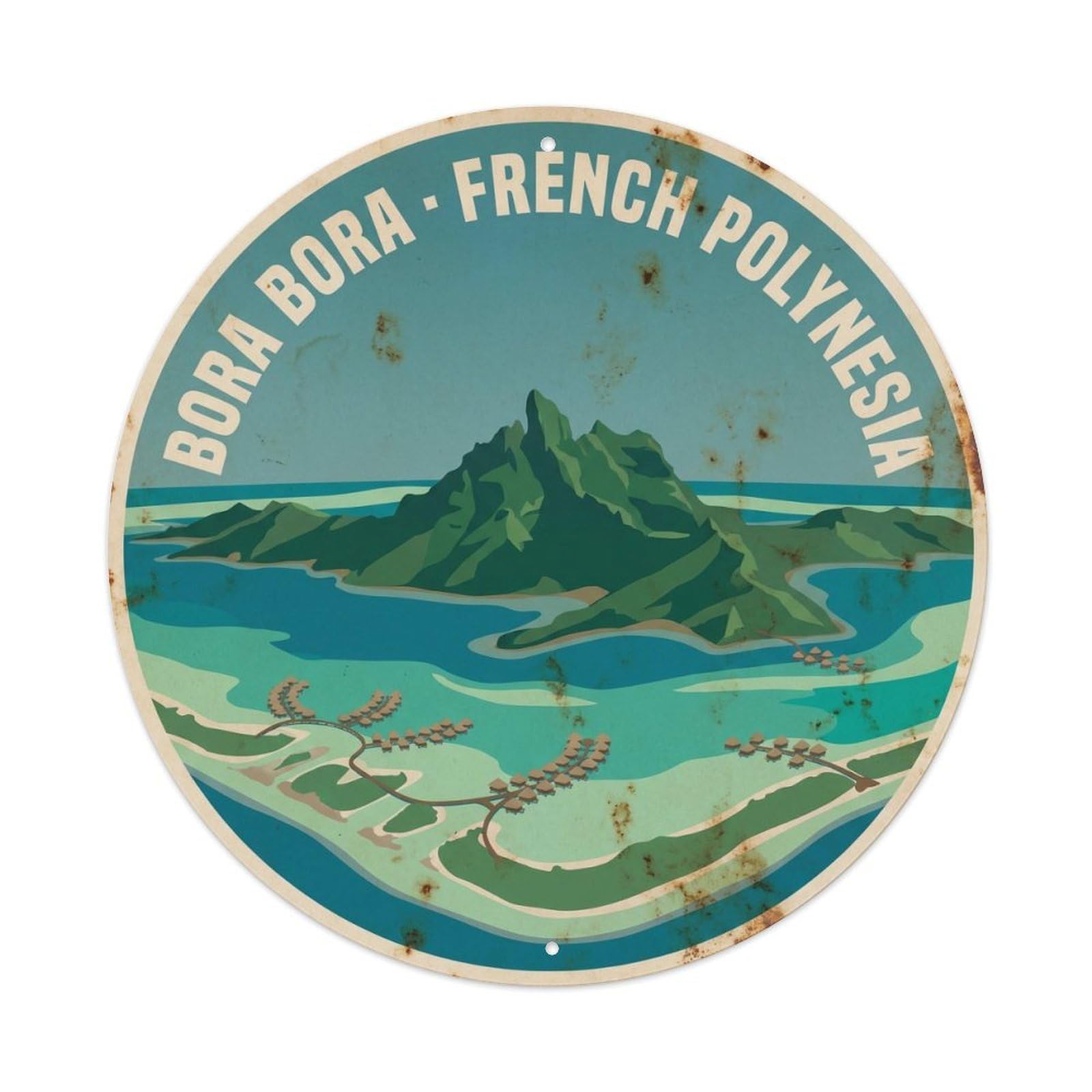 Olhnbad Style Bungalow Borabora Otemanu Lagoon Aerial Vintage Metal Tin Sign