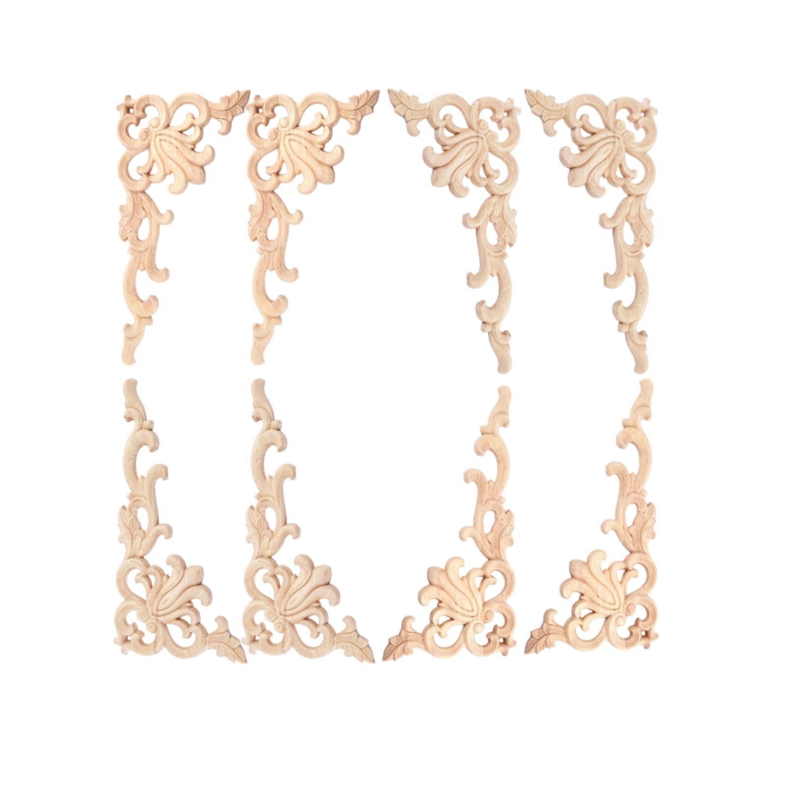 Wood Carved Onlays, 20x10cm/7.87"x3.94", Left&Right Decorated Furniture Appliques, Wooden Carving Corner Decals for Cabinet Drawer Cupboard Dresser Mirror Door Wall Bed DIY Projects (4-Pair(8Pcs))