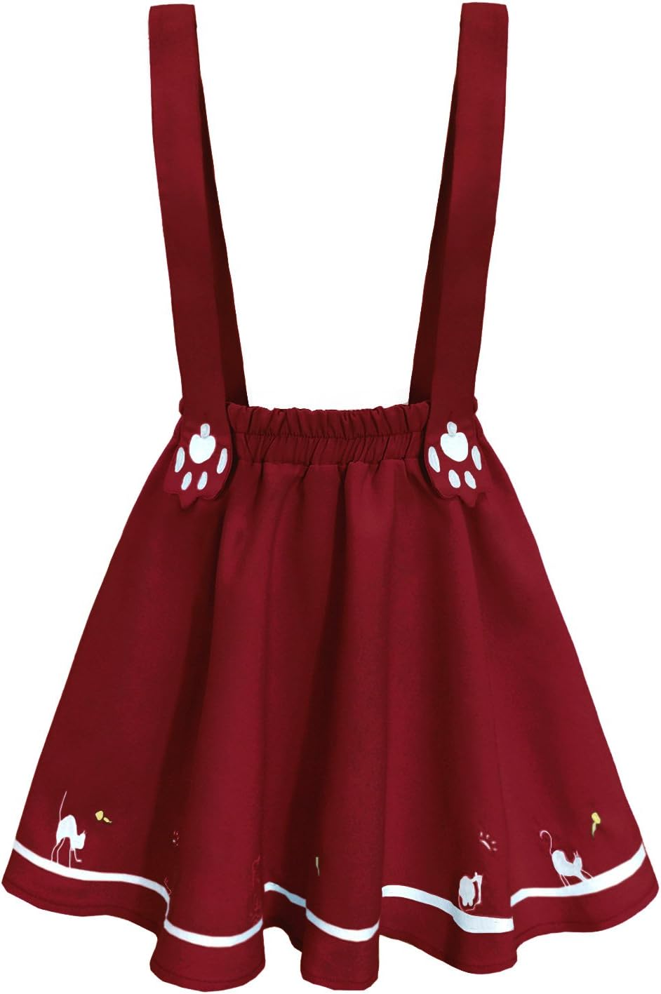 FUTURINO Women's Sweet Cat Paw Embroidery Pleated Mini Skirt with 2 Suspender (XS/S, Burgundy)