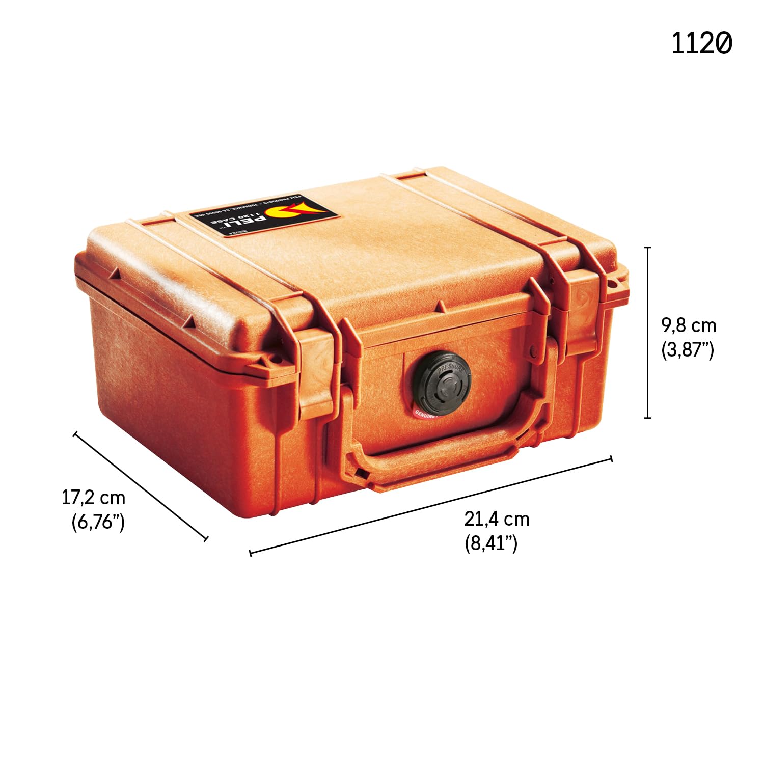 PELI 1120 Maleta rígida profesional para cámara, instrumentos electrónicos y ópticos, IP67 estanca e impermeable al polvo, 2L de capacidad, fabricada en EE.UU, con espuma personalizable, color naranja