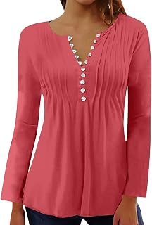 Mrat Womens Tops Elegant Pleated Blouses Crew Neck Botton Tunic T-Shirts Ladies Loose Fitted Long Sleeve Solid Color Tees Shirts Soft Comfort Breathable Shirts Swing Tops Sale Clearacne